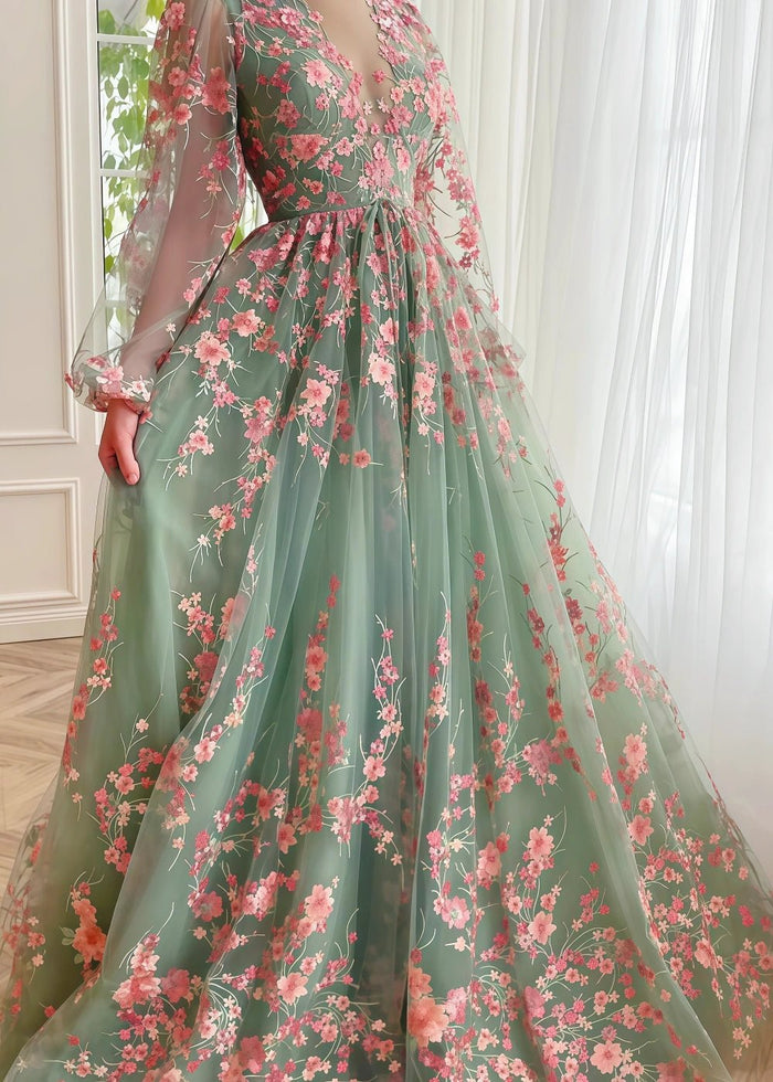 Naomi | Stunning Sage Green Long Sleeve Flower Corset Prom Dress - Sage Floral - PromDressClub