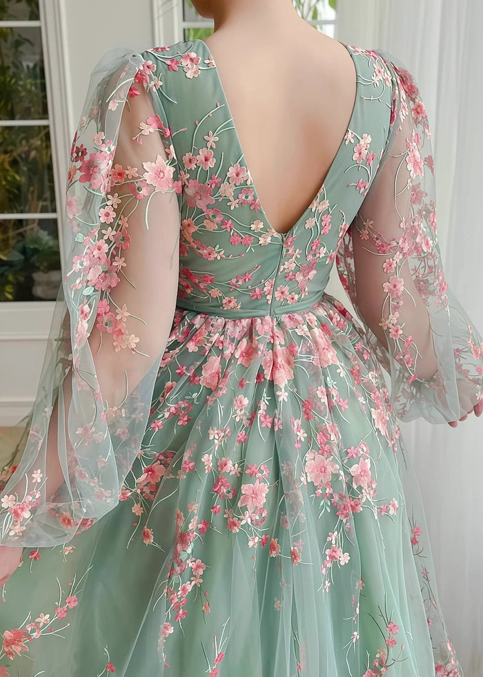 Naomi | Stunning Sage Green Long Sleeve Flower Corset Prom Dress - Sage Floral - PromDressClub