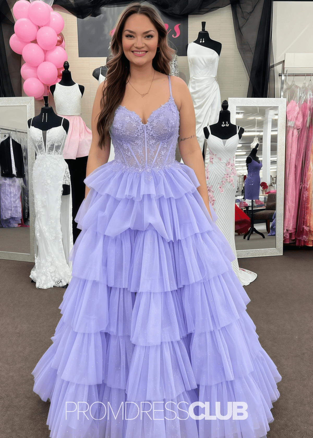 Natividad | A Line Tiered Ruffle Black Long Prom Dress - Price #price_variant_lowest# - Lavender - PromDressClub