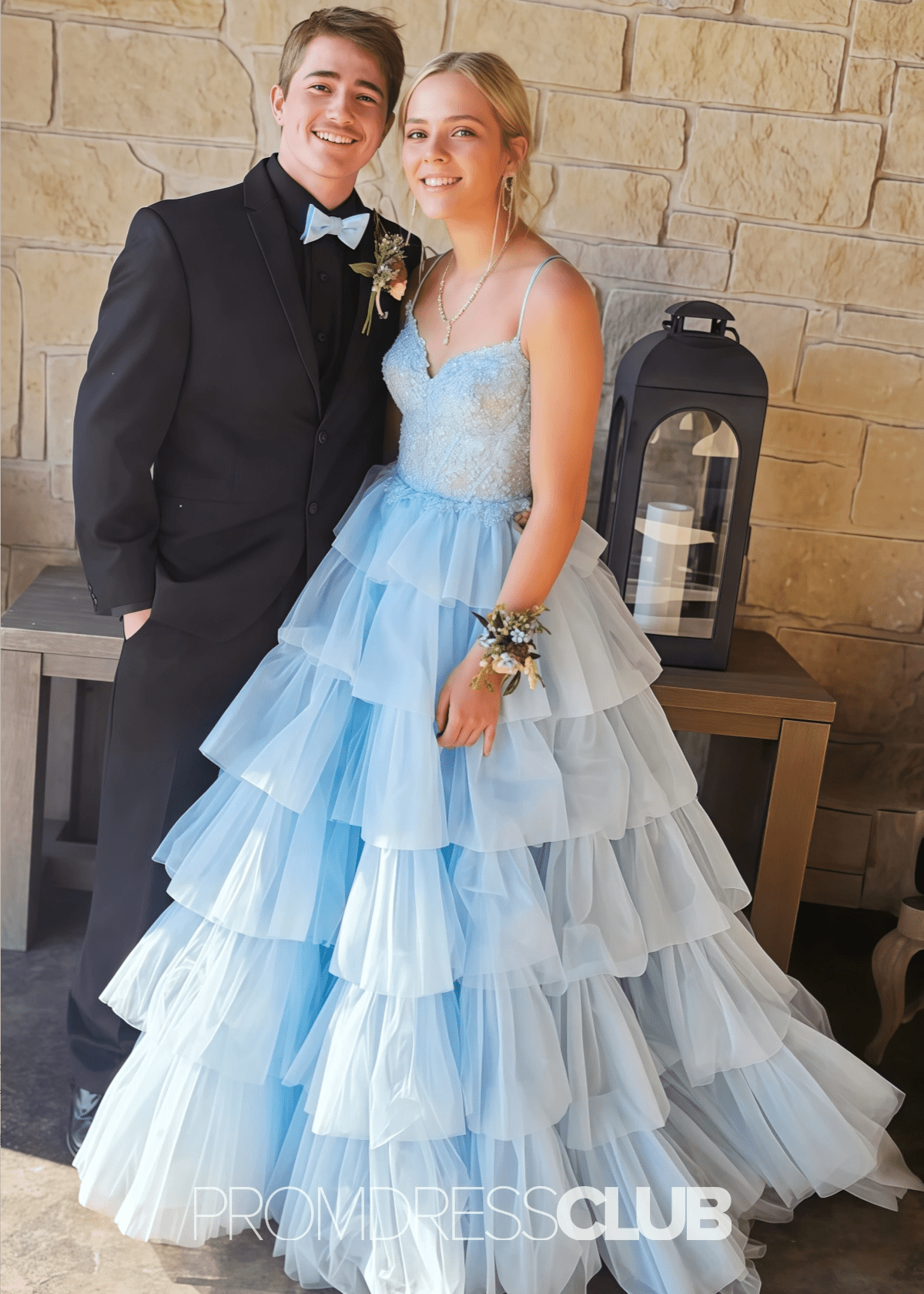 Natividad | A Line Tiered Ruffle Black Long Prom Dress - Price #price_variant_lowest# - Light Blue - PromDressClub