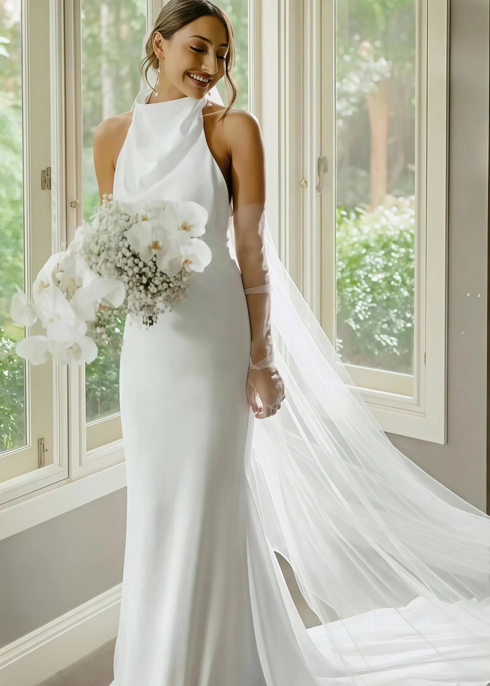 Natividad | Elegant Modest Halter Neck Satin Mermaid Wedding Dress for Outdoor Weddings - White - PromDressClub