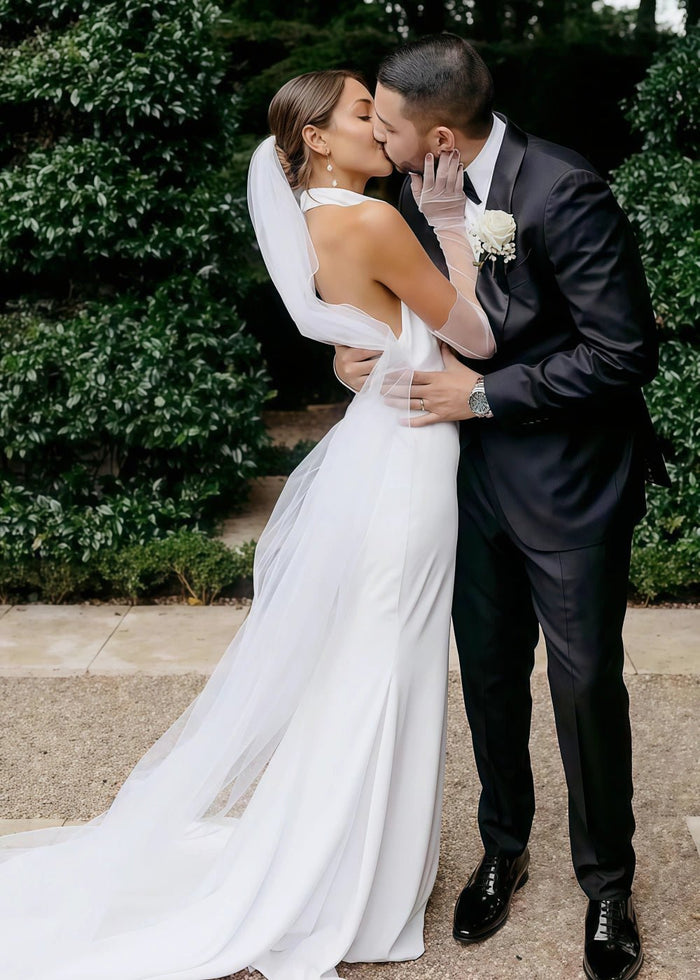 Natividad | Elegant Modest Halter Neck Satin Mermaid Wedding Dress for Outdoor Weddings - White - PromDressClub