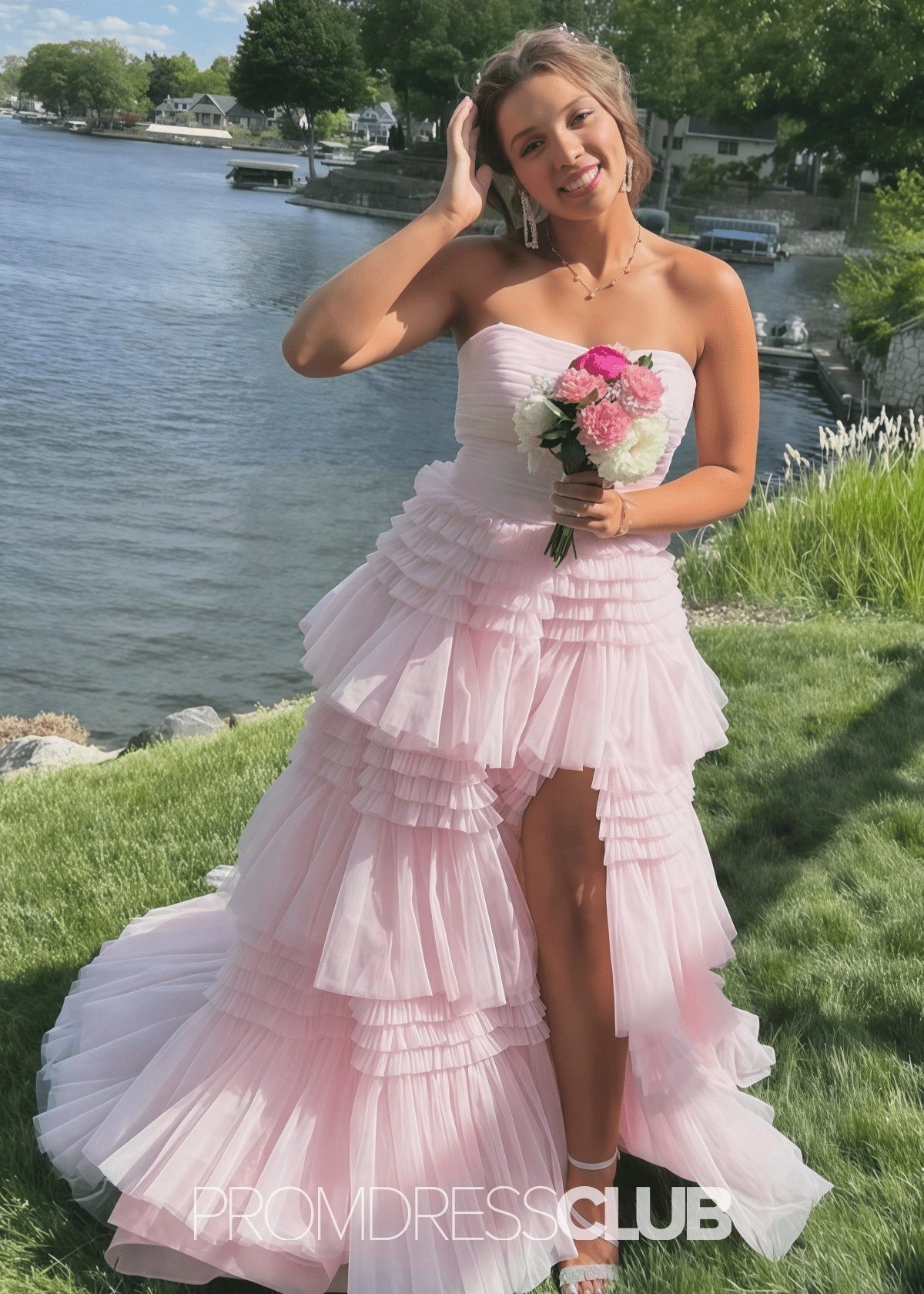 Nelly |A Line Tiered Tulle Champagne Maxi Prom Dress - Price #price_variant_lowest# - Light Pink - PromDressClub