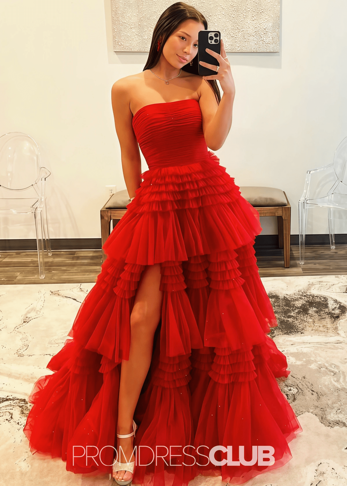 Nelly |A Line Tiered Tulle Champagne Maxi Prom Dress - Price #price_variant_lowest# - Red - PromDressClub