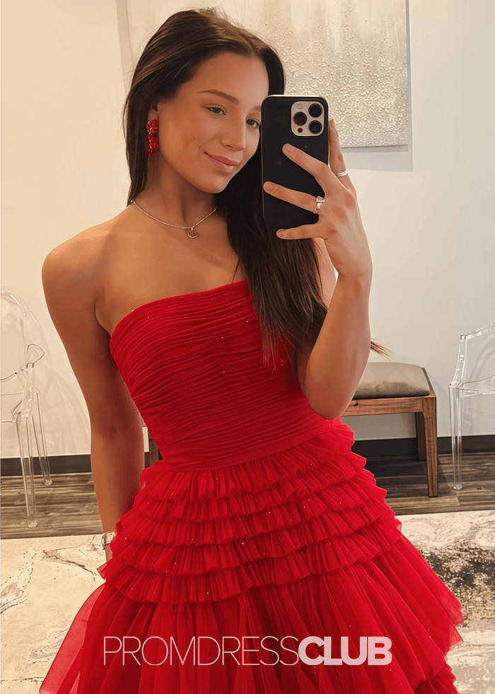 Nelly |A Line Tiered Tulle Champagne Maxi Prom Dress - Price #price_variant_lowest# - Red - PromDressClub