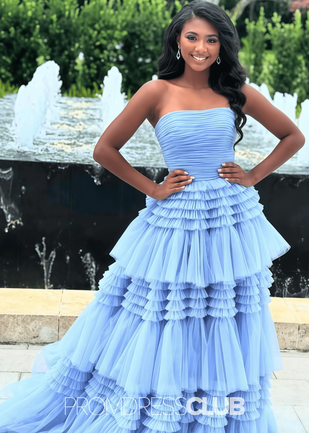 Nelly |A Line Tiered Tulle Champagne Maxi Prom Dress - Price #price_variant_lowest# - Sky Blue - PromDressClub