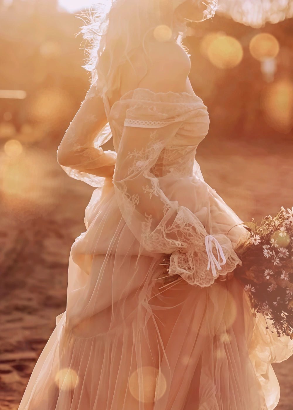 Nelly | Bohemian A Line Long Sleeve Lace and Tulle Wedding Dress - Perfect for Rustic Weddings - Ivory - PromDressClub