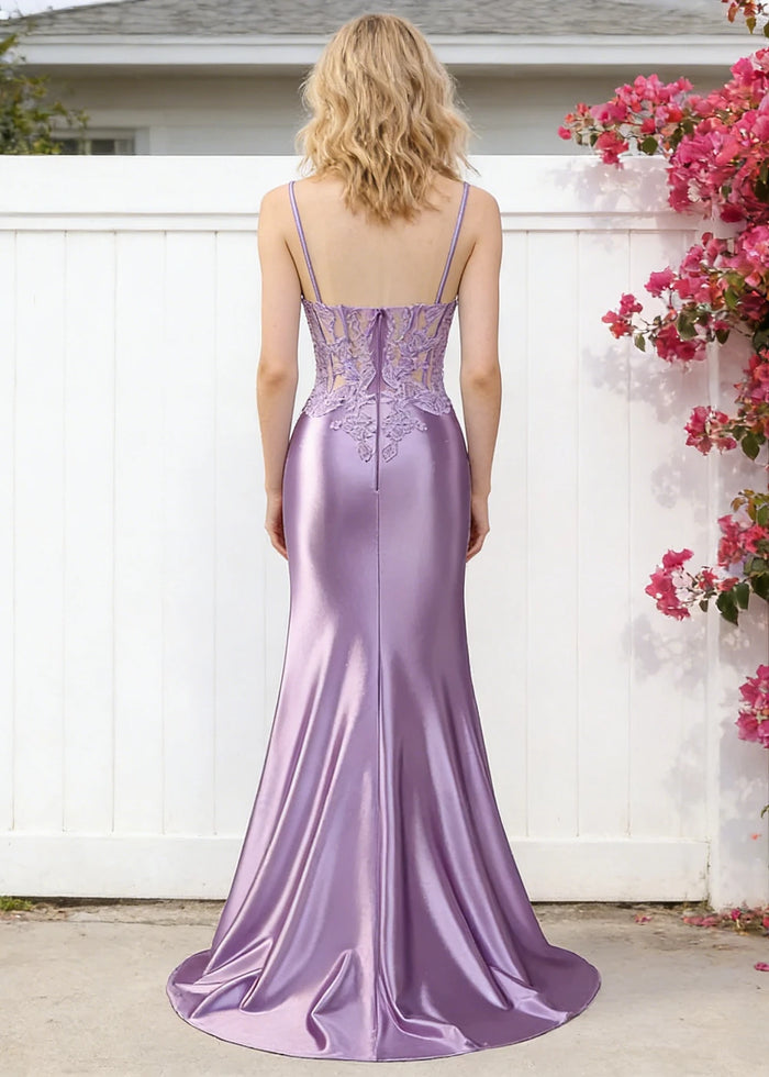 Niamh Beaded Purple Lace Dress Prom | Mermaid Spaghetti Strap V - Neck Pleated Satin Formal Dress with Slit - Lilac - PromDressClub