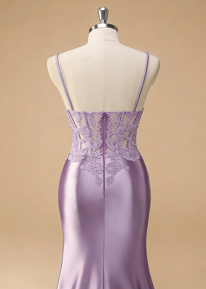 Niamh Beaded Purple Lace Dress Prom | Mermaid Spaghetti Strap V - Neck Pleated Satin Formal Dress with Slit - Lilac - PromDressClub