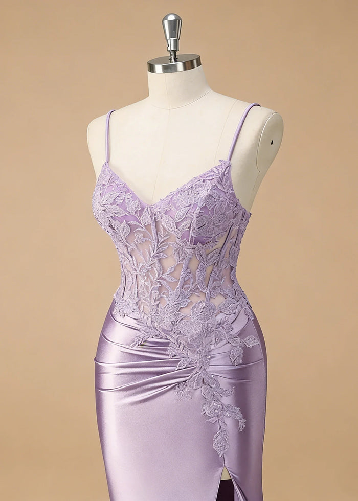 Niamh Beaded Purple Lace Dress Prom | Mermaid Spaghetti Strap V - Neck Pleated Satin Formal Dress with Slit - Lilac - PromDressClub