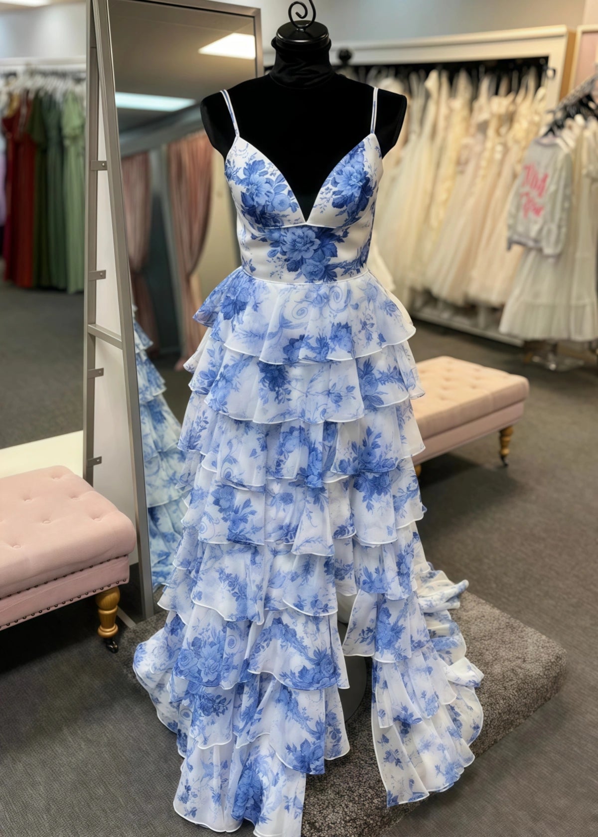A Line Ruffle Tiered Blue White Print Floral Long Prom Dress