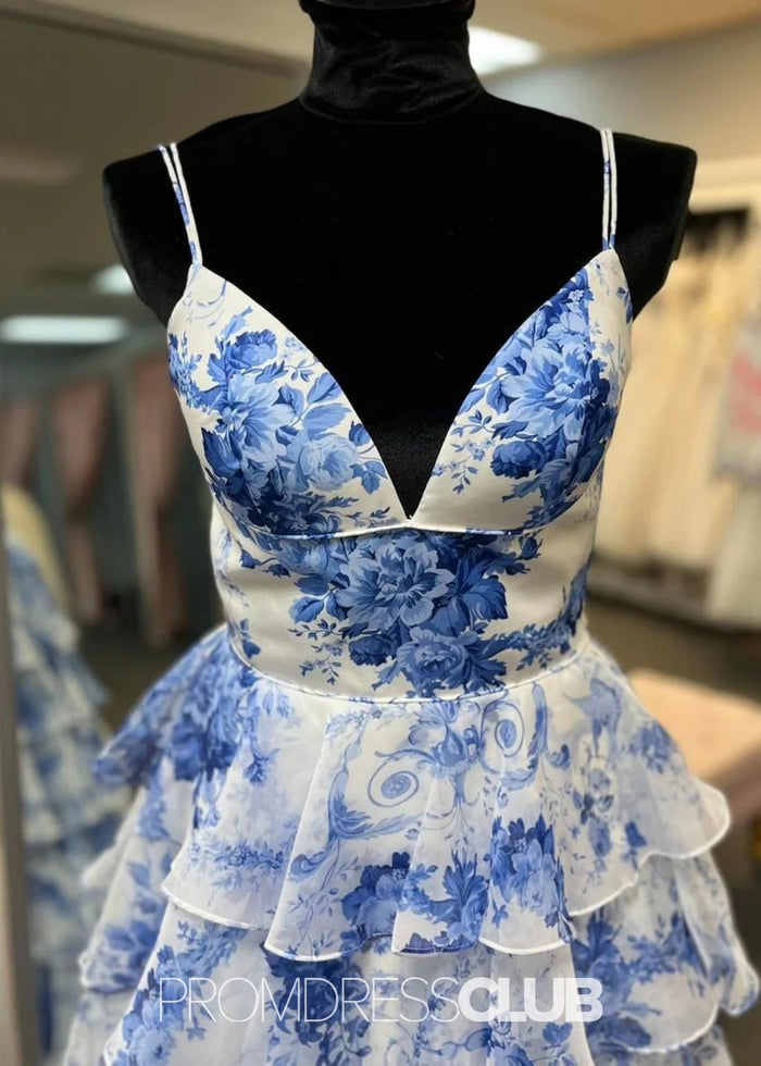 Nicole | A Line Ruffle Tiered Blue White Print Floral Long Prom Dress - Price #price_variant_lowest# - Blue Floral - PromDressClub