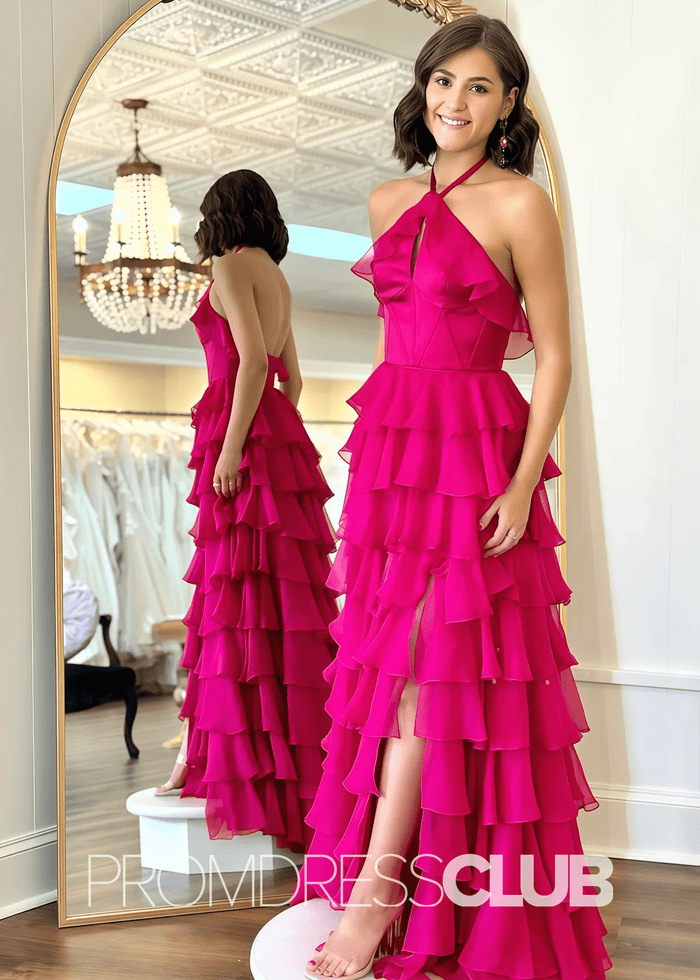 Nicole |Long Red Prom Dresses Near Me With Halter Tulle Tiered A Line - Price #price_variant_lowest# - Fuchsia - PromDressClub