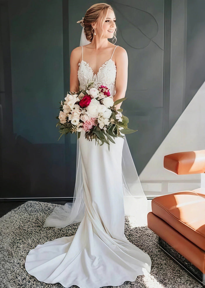 Nicole | Stunning Satin Mermaid Wedding Dress with Lace Detailing - Ivory - PromDressClub