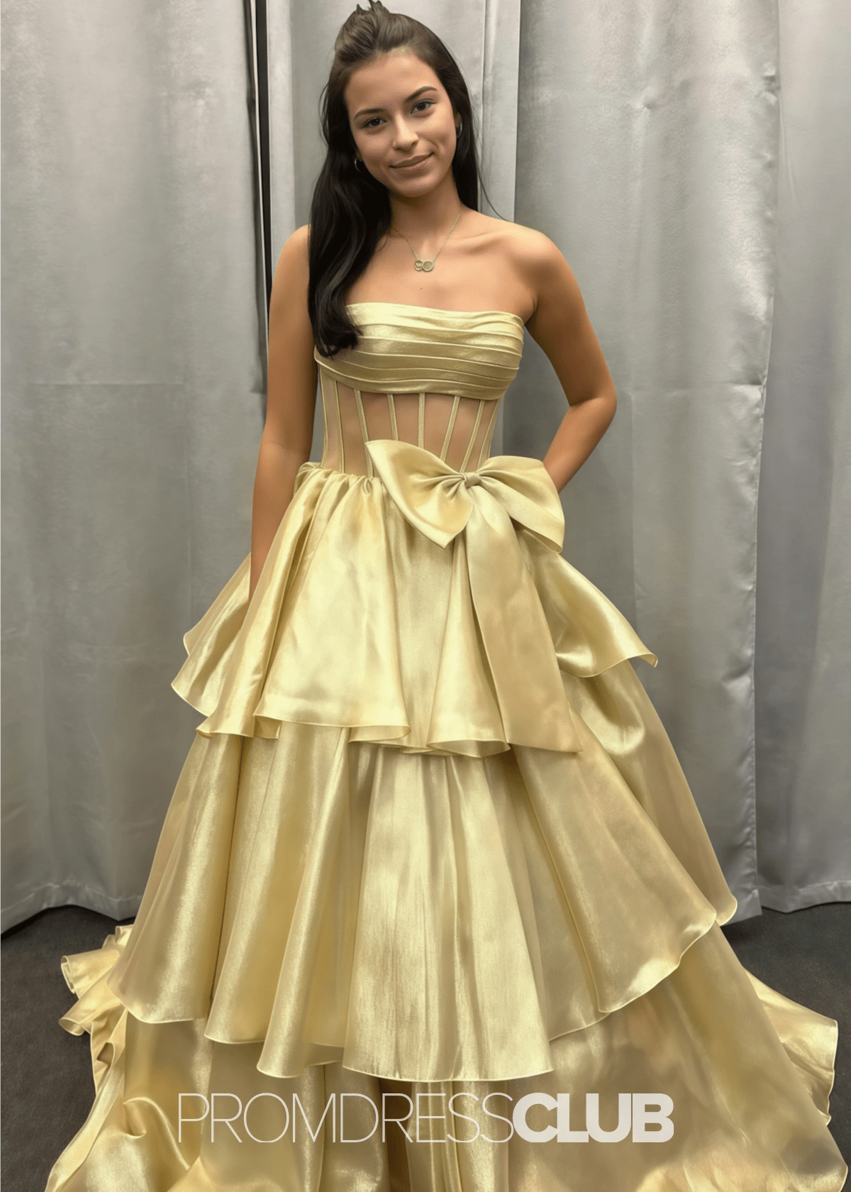 Nina | A - Line Strapless Tiered Tulle Hot Pink Long Prom Dress - Price #price_variant_lowest# - Gold - PromDressClub