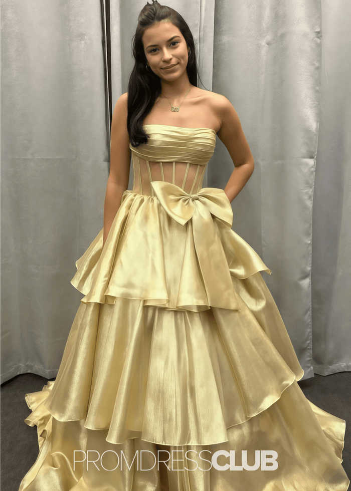 Nina | A - Line Strapless Tiered Tulle Hot Pink Long Prom Dress - Price #price_variant_lowest# - Gold - PromDressClub