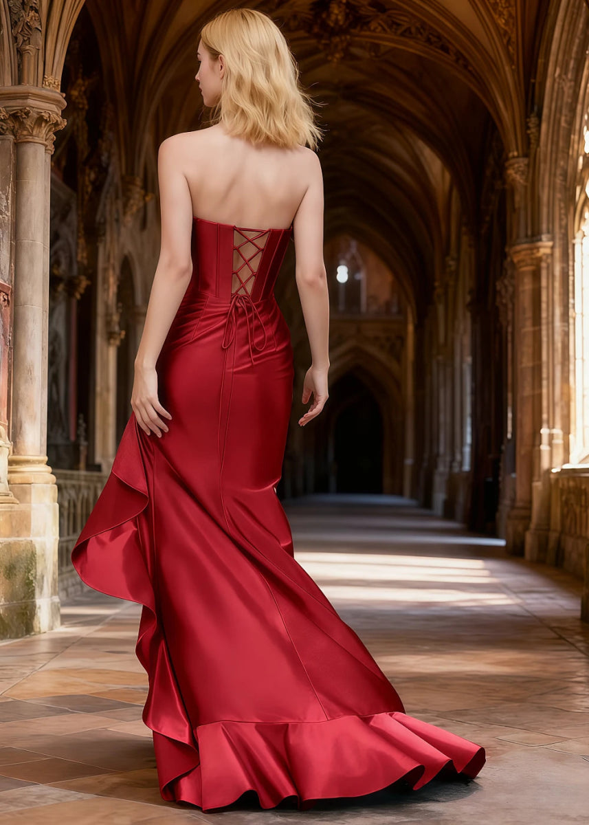 Nora Burgundy Strapless Corset Prom Dress | Mermaid Cowl Neck Floor Length Dress with Ruffled Slits - US0 - PromDressClub