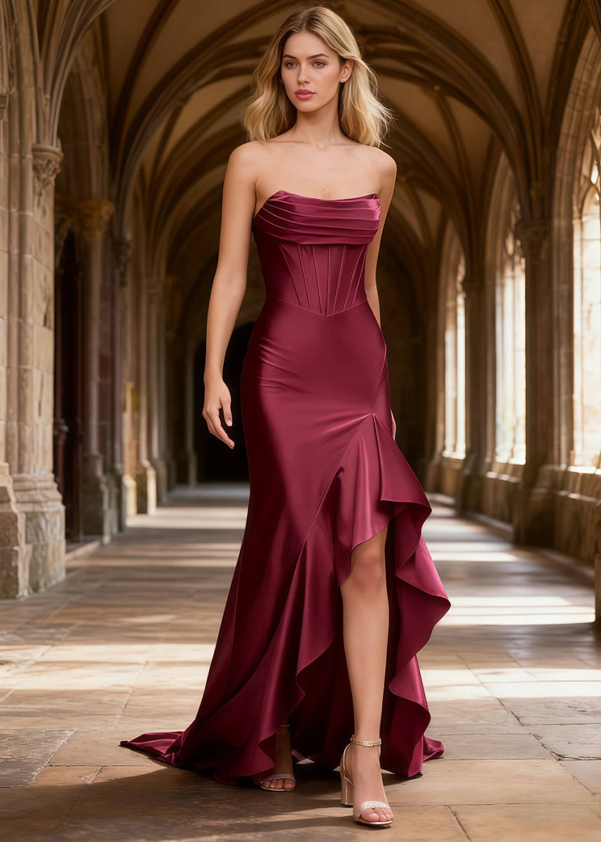 Nora Dark Red Strapless Corset Prom Dress | Mermaid Cowl Neck Floor Length Dress with Ruffled Slits - US0 - PromDressClub