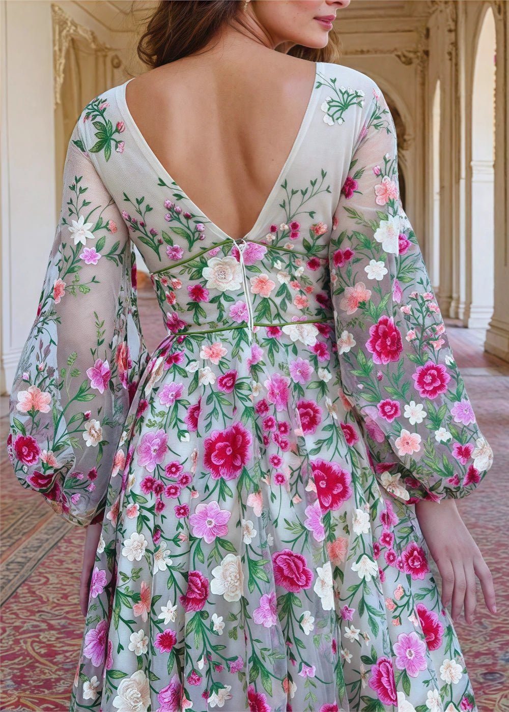 Nora | Elegant White Long Sleeve V Neck Flower Prom Dress - White Floral - PromDressClub