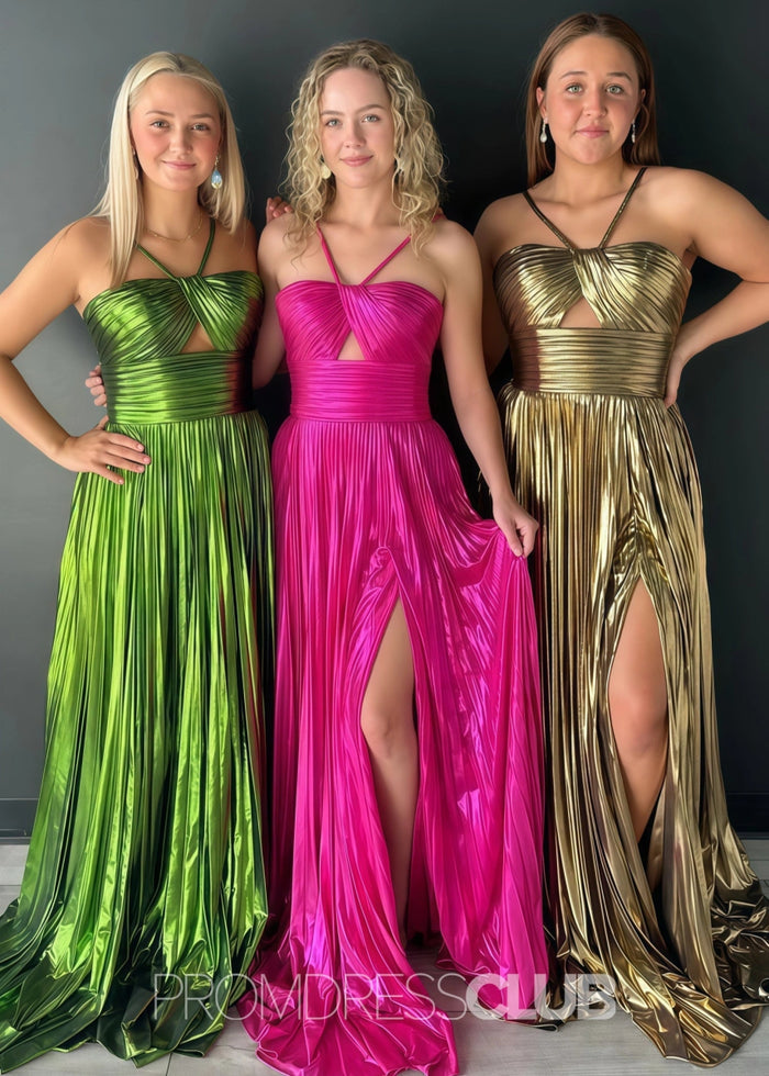 Nora |Long Gold Prom Dress Metallic With Spaghetti Strap Slit - Green - PromDressClub