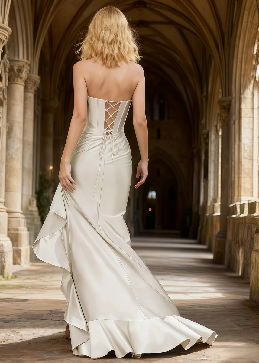 Nora White Strapless Corset Prom Dress | Mermaid Cowl Neck Floor Length Dress with Ruffled Slits - US0 - PromDressClub