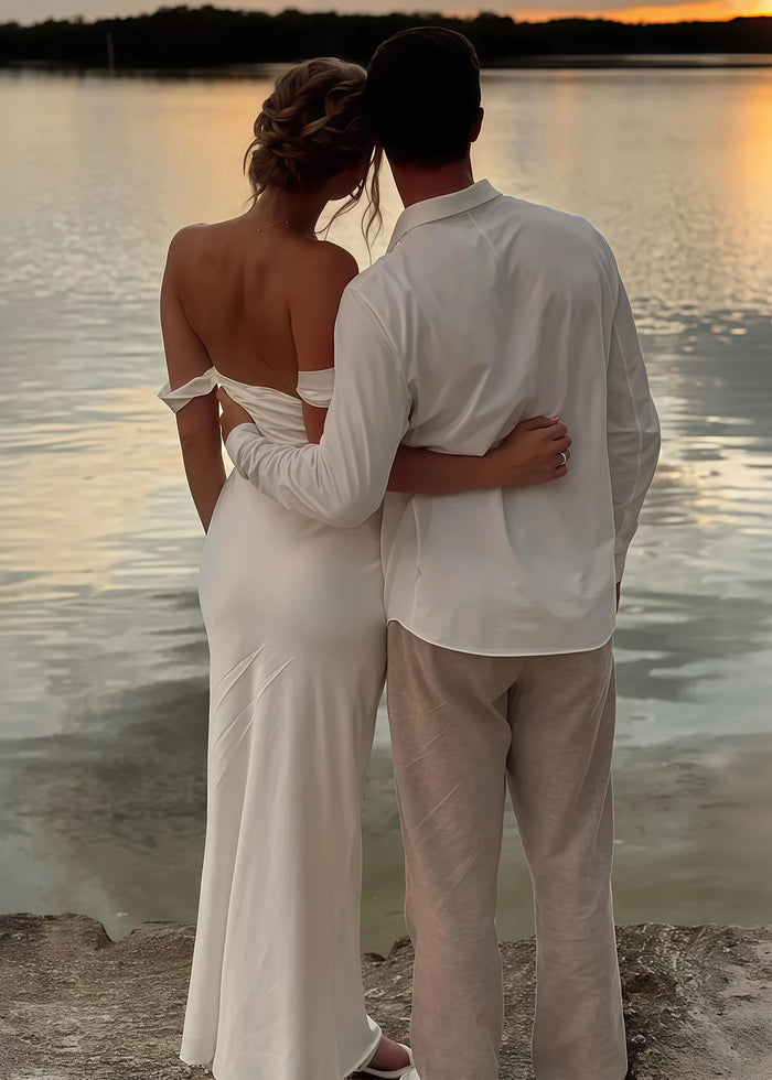 Nora Women's White Off the Shoulder Dress for Prom | Sheath Strapless Satin Floor Length Formal Dress - White - PromDressClub