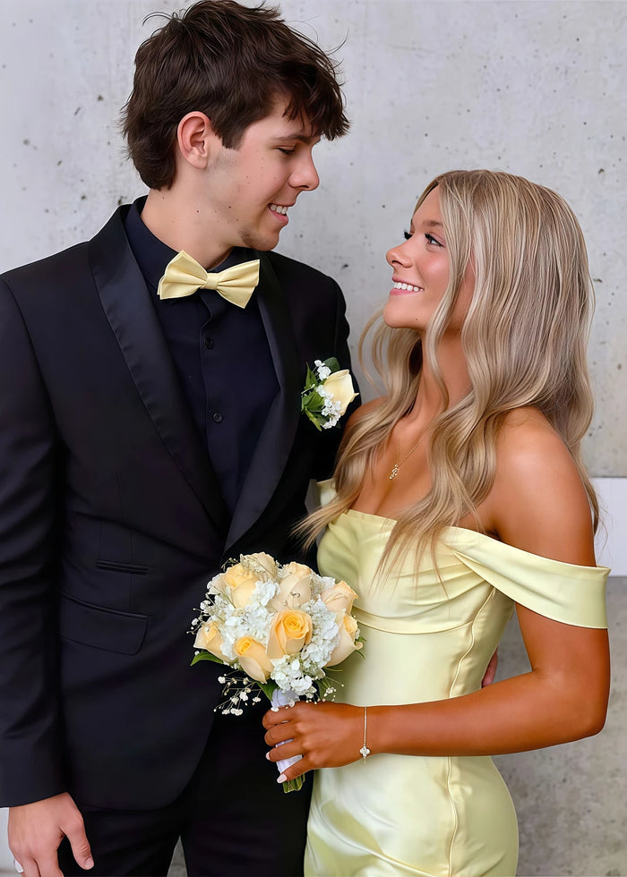 Nora Women's Yellow Off the Shoulder Dress for Prom | Sheath Strapless Satin Floor Length Formal Dress - Yellow - PromDressClub