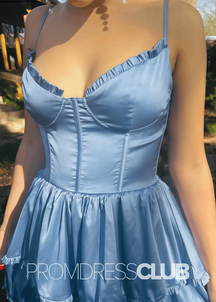 Norma |Blue Prom Dresses Long Shops With A Line Straps V - Neck Tiered Slit - Price #price_variant_lowest# - Light Blue - PromDressClub