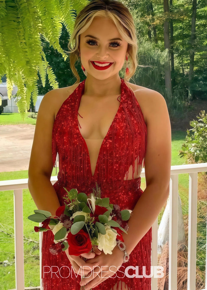 Norma | Mermaid Sequin Fringe Hot Pink Long Cocktail Dress - Price #price_variant_lowest# - Red - PromDressClub