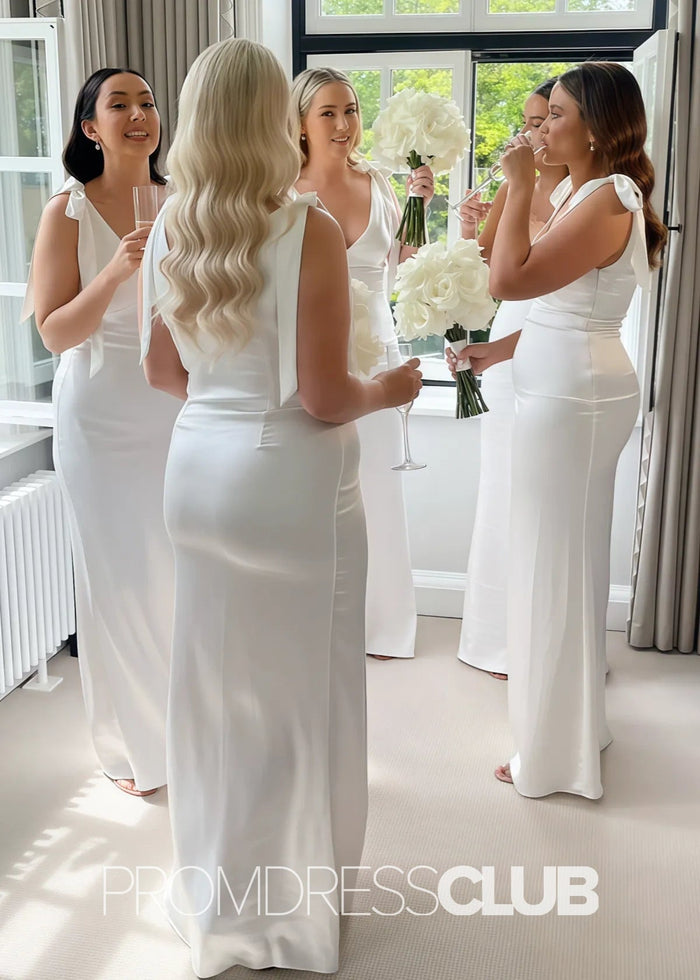 Octavia | Long Pink Bridesmaid Dress With Satin Boho Bow Mermaid Straps - Price #price_variant_lowest# - White - PromDressClub