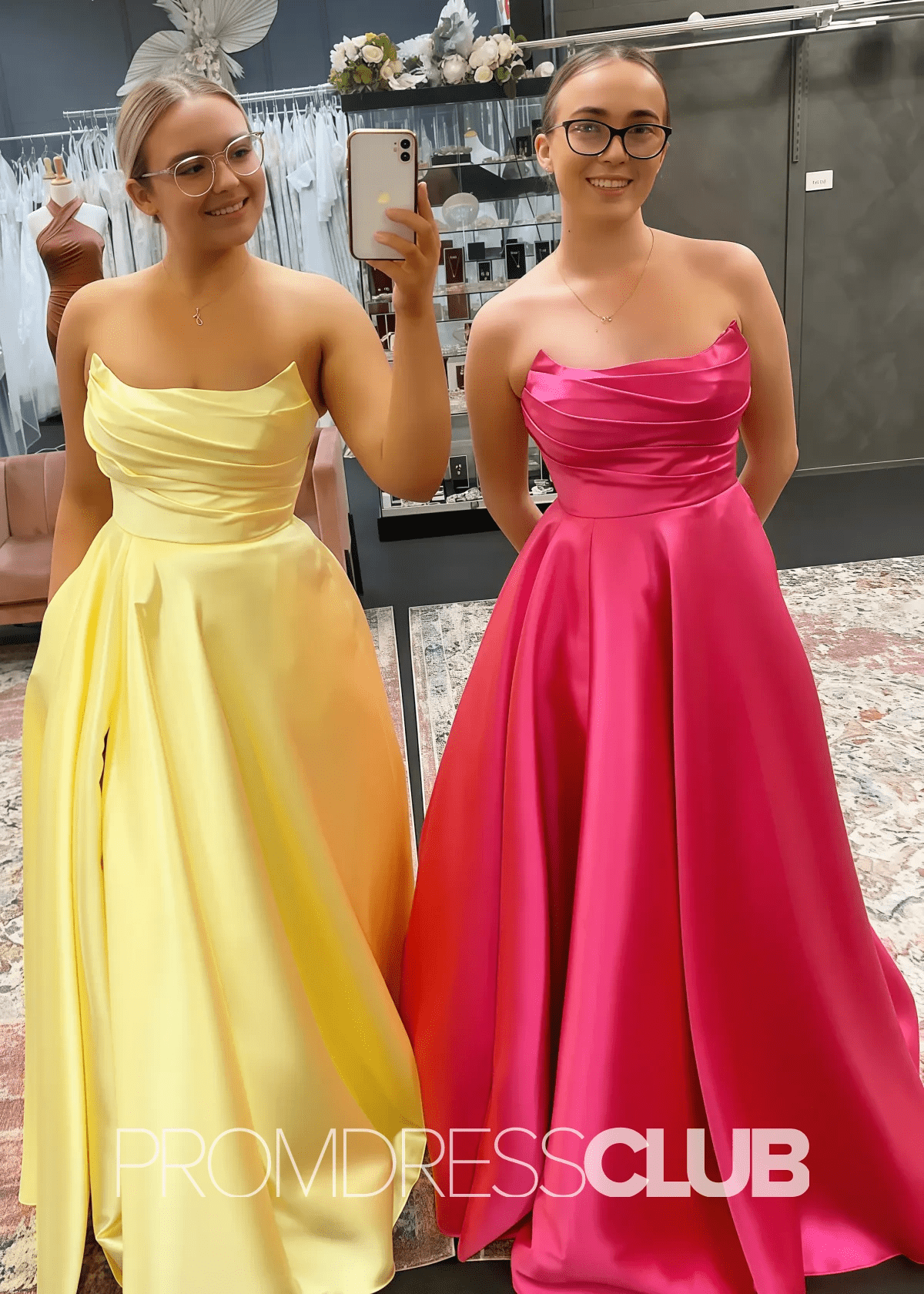 Odelia |Long Hot Pink Prom Dresses Shops With A Line Strapless Satin Long Formal Gown - Price #price_variant_lowest# - Hot Pink - PromDressClub