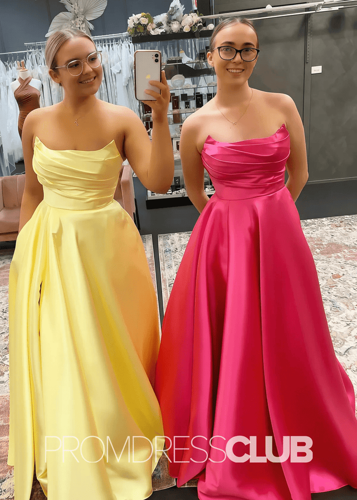 Odelia |Long Hot Pink Prom Dresses Shops With A Line Strapless Satin Long Formal Gown - Price #price_variant_lowest# - Hot Pink - PromDressClub