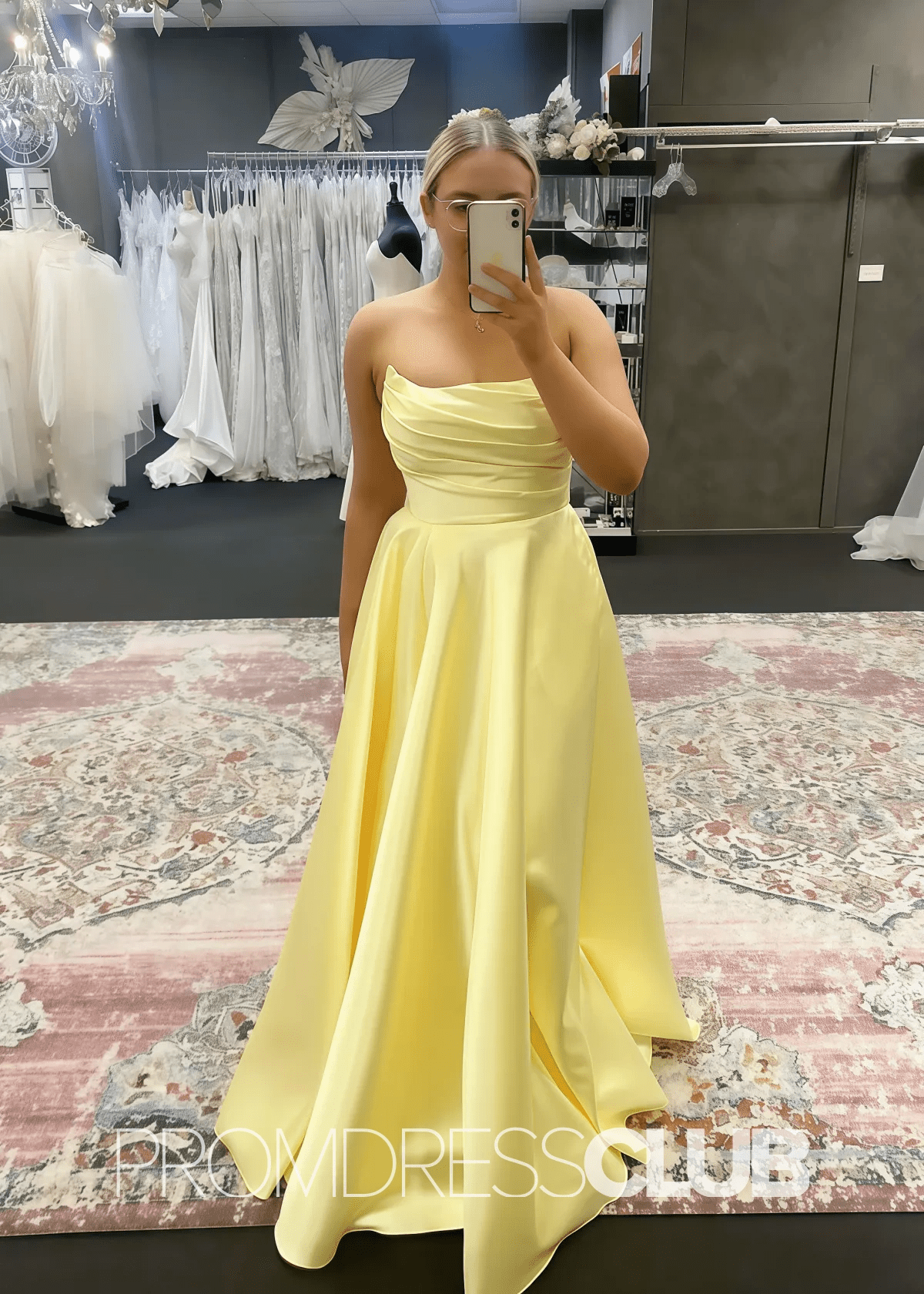 Odelia |Long Hot Pink Prom Dresses Shops With A Line Strapless Satin Long Formal Gown - Price #price_variant_lowest# - Yellow - PromDressClub