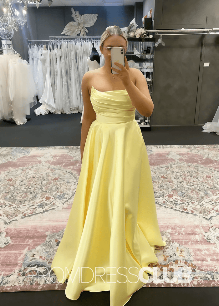 Odelia |Long Hot Pink Prom Dresses Shops With A Line Strapless Satin Long Formal Gown - Price #price_variant_lowest# - Yellow - PromDressClub