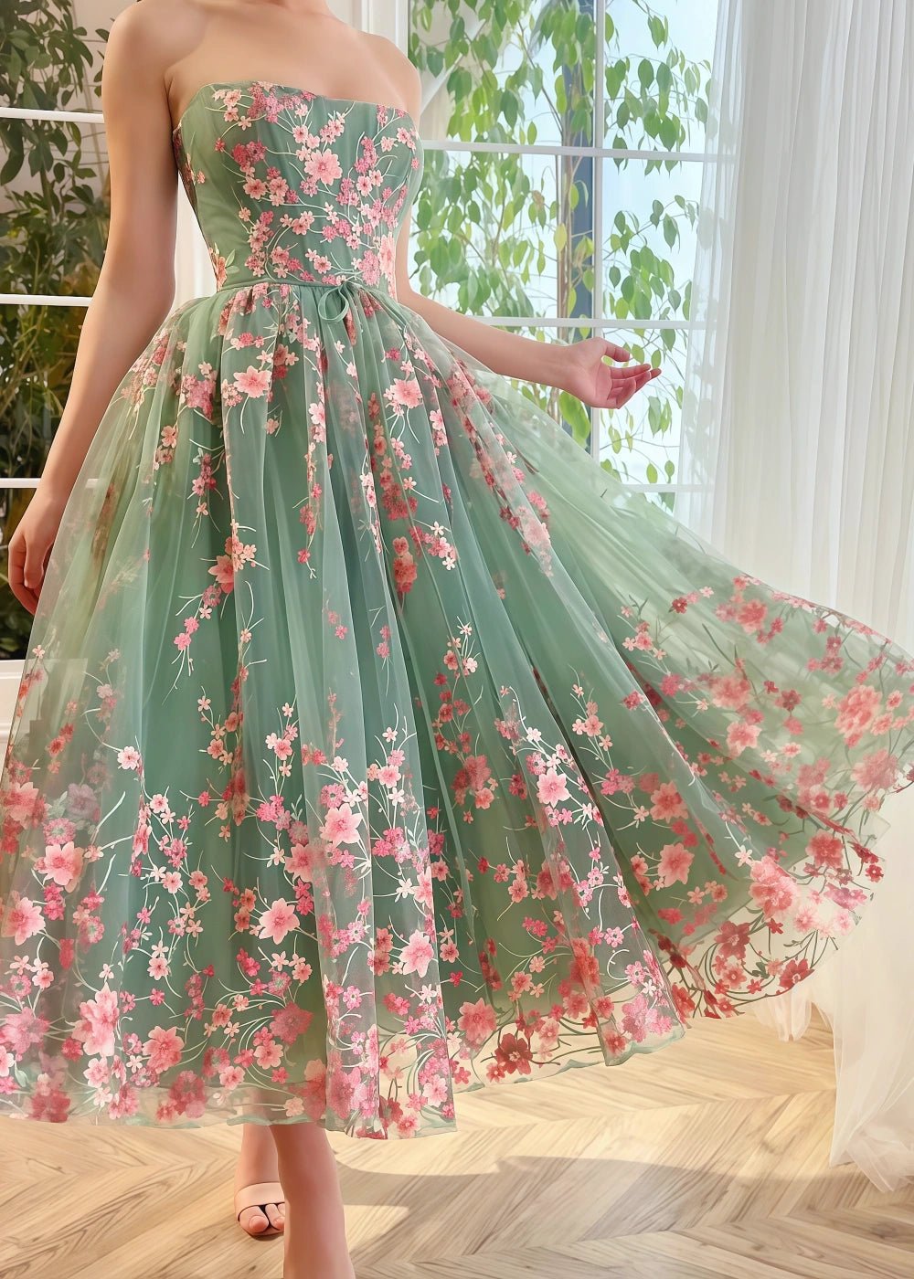 Odette | Gorgeous Sage Green Corset Strapless Backless Floral Midi Prom Dress - Sage - PromDressClub