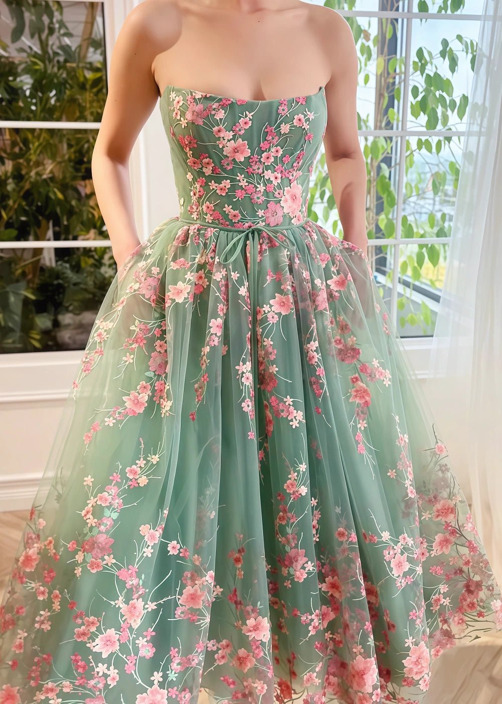 Odette | Gorgeous Sage Green Corset Strapless Backless Floral Midi Prom Dress - Sage - PromDressClub