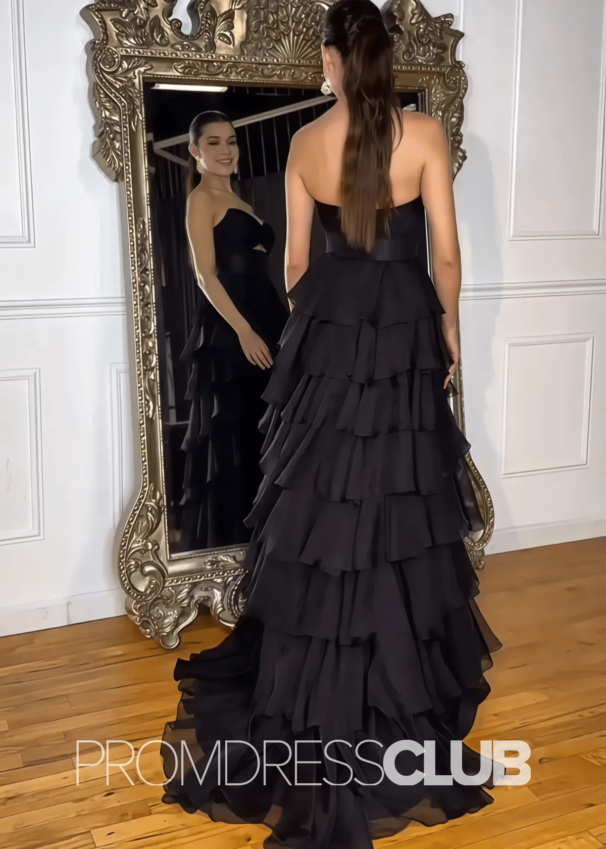 Olga |Black Long Prom Dresses Store With A - Line Strapless Tiered Chiffon V - Neck Layered - Price #price_variant_lowest# - Black - PromDressClub