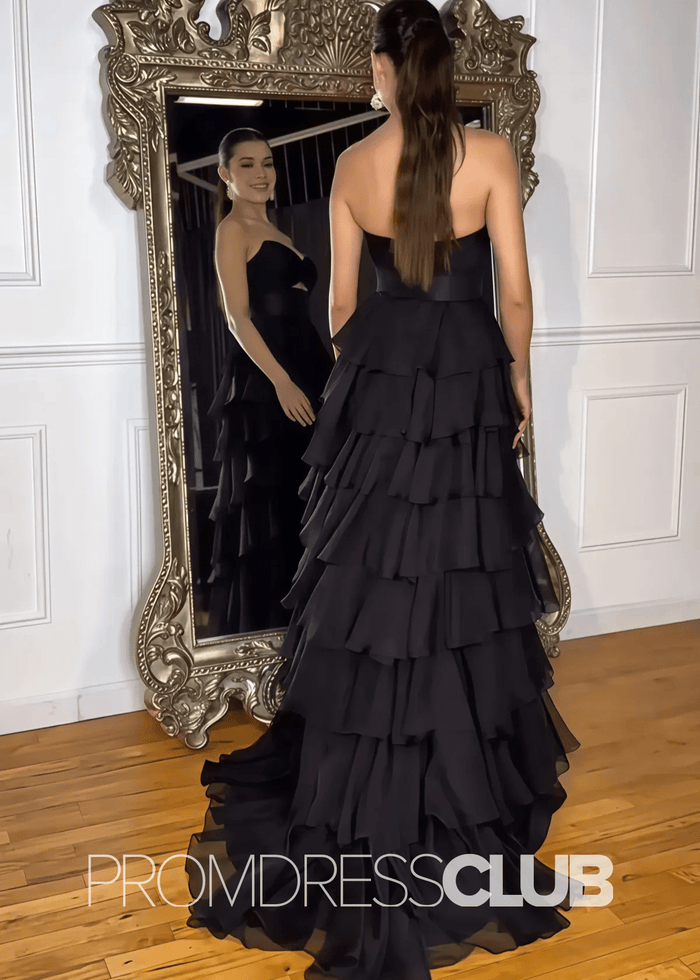 Olga |Black Long Prom Dresses Store With A - Line Strapless Tiered Chiffon V - Neck Layered - Price #price_variant_lowest# - Black - PromDressClub