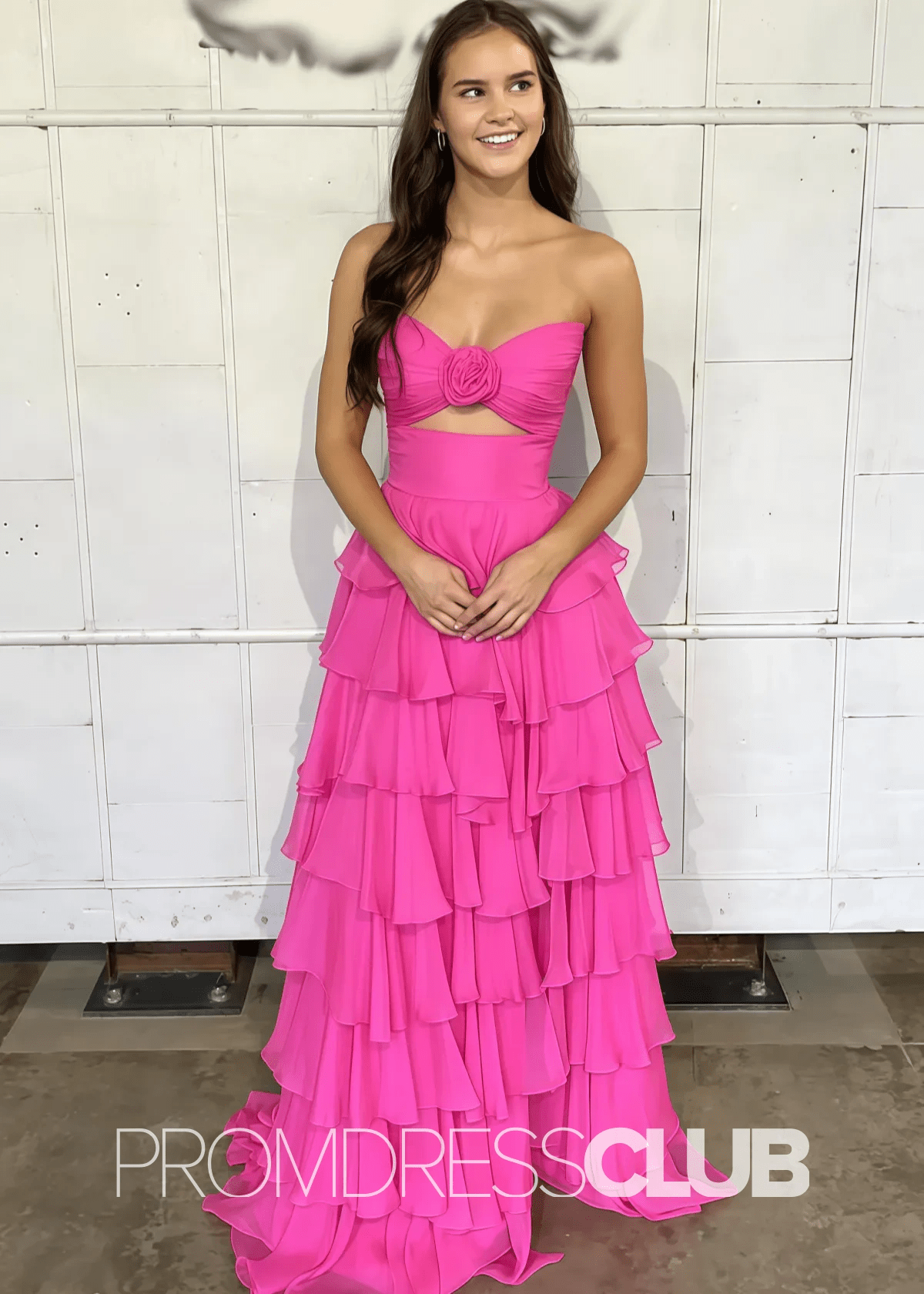 Olga |Black Long Prom Dresses Store With A - Line Strapless Tiered Chiffon V - Neck Layered - Price #price_variant_lowest# - Hot Pink - PromDressClub