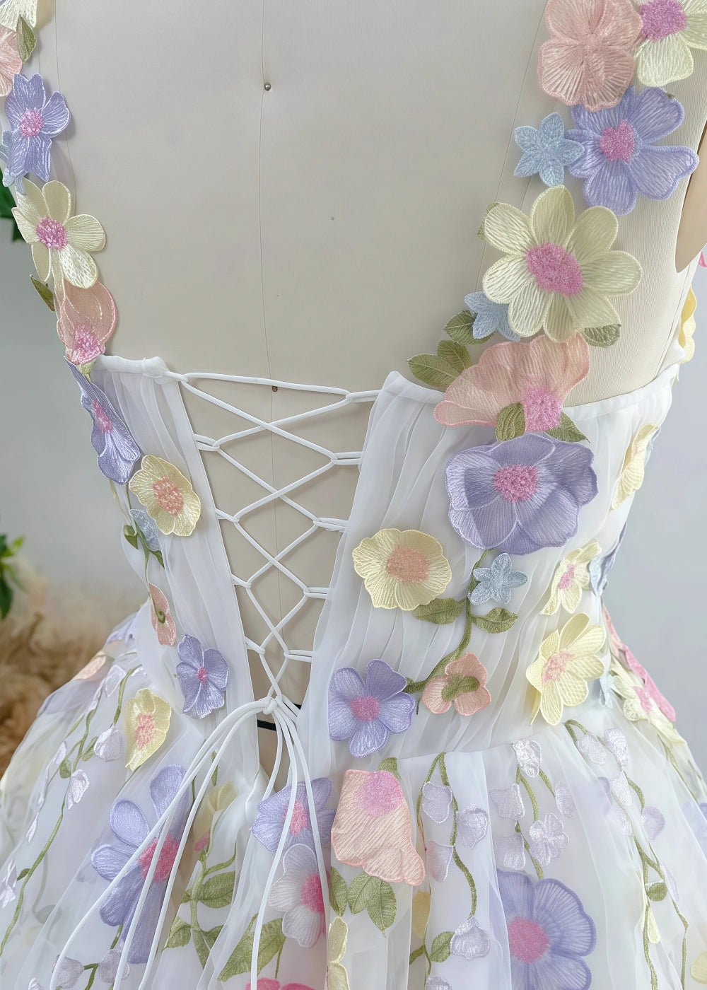 Olive | Gorgeous A Line Ivory Flower Corset Backless Prom Dress - Ivory Floral - PromDressClub