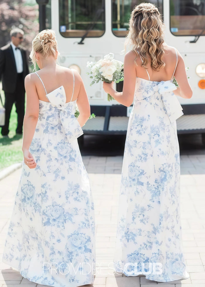 Olive | Sheath Print White Blue Floral Satin Long Bridesmaid Dress - Price #price_variant_lowest# - Blue Floral - PromDressClub