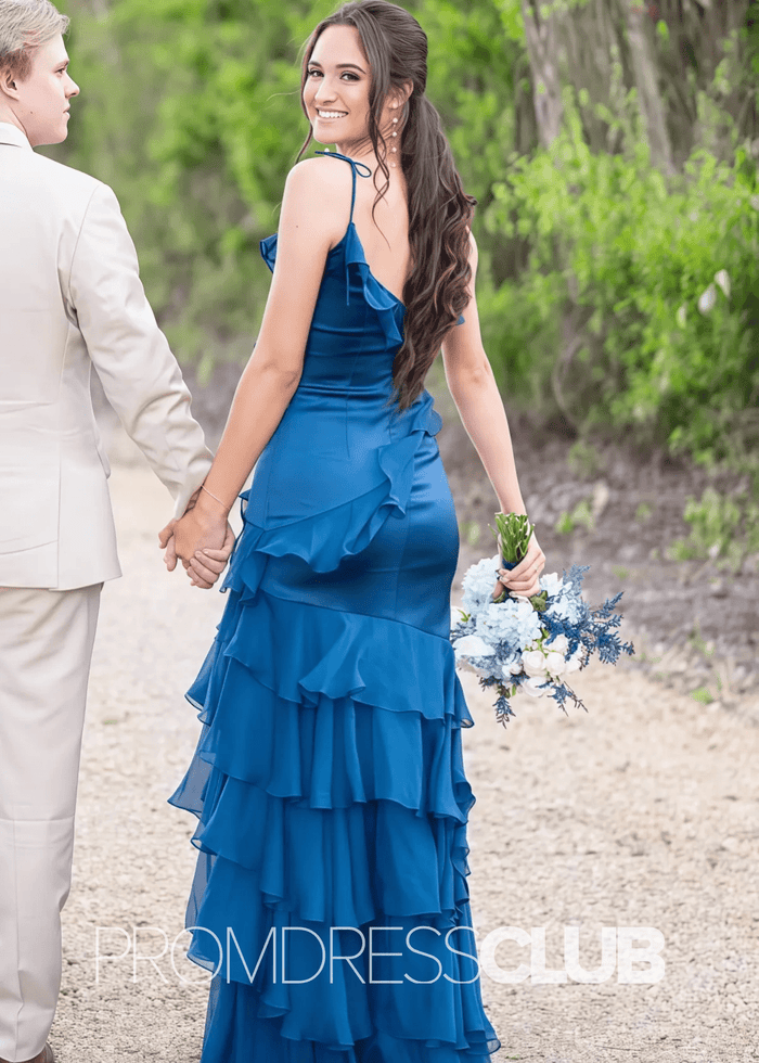 Olivia |Long Blue Prom Dresses Near Me With Mermaid Strapless Chiffon Tiered Ruffle Slit - Price #price_variant_lowest# - Blue - PromDressClub