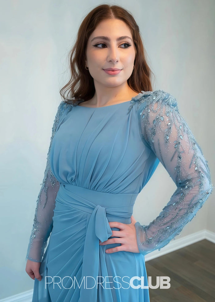 Ophelia | A Line Dusty Blue Chiffon Maxi Bridesmaid Dress - Price #price_variant_lowest# - Dusty Blue - PromDressClub