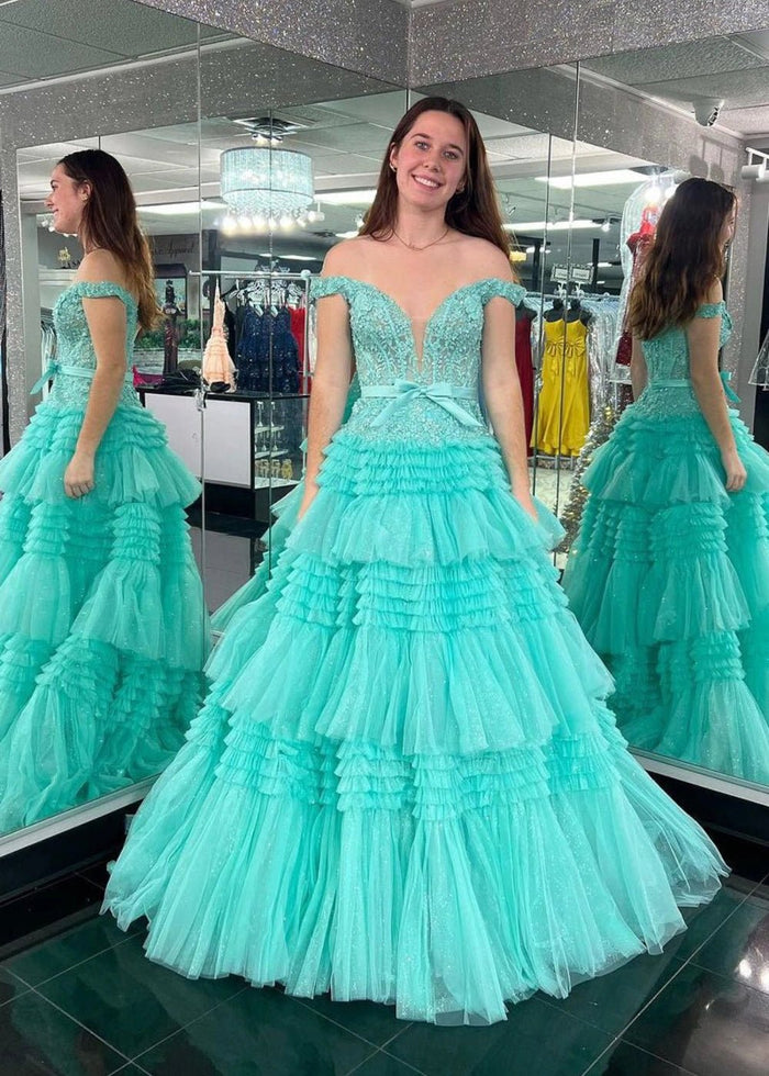 Ophelia | Stunning Light Pink Off the Shoulder Corset Ruffle Prom Dress with Bow - Aqua - PromDressClub