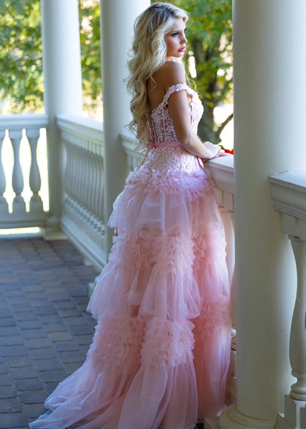 Ophelia | Stunning Light Pink Off the Shoulder Corset Ruffle Prom Dress with Bow - Light Pink - PromDressClub