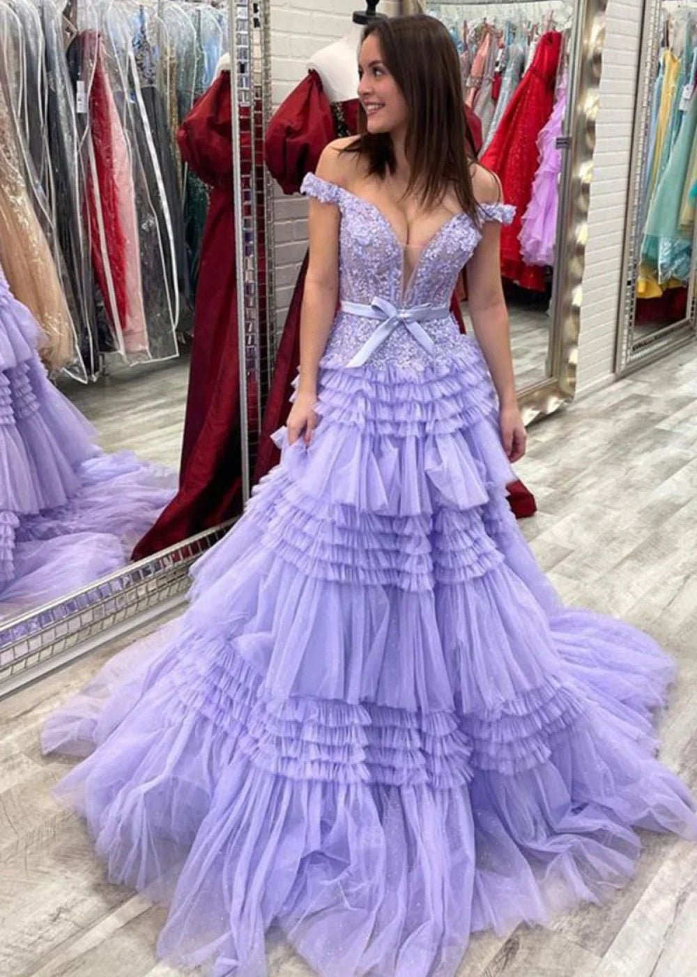 Ophelia | Stunning Light Pink Off the Shoulder Corset Ruffle Prom Dress with Bow - Lilac - PromDressClub
