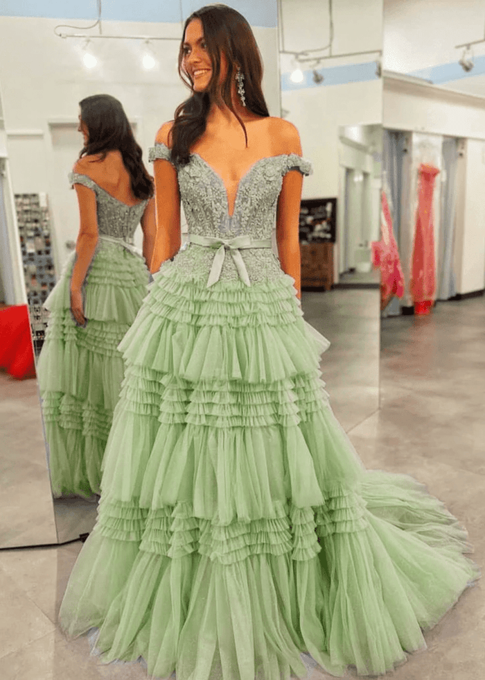 Ophelia | Stunning Light Pink Off the Shoulder Corset Ruffle Prom Dress with Bow - Sage - PromDressClub