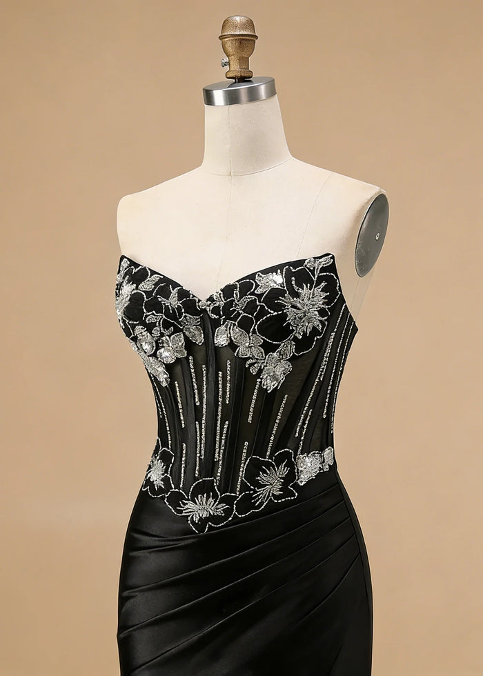 Orla Strapless Black Beaded Prom Dress | Mermaid Corset Sweetheart Neckline Pleated Formal Dress with Slit - Black - PromDressClub