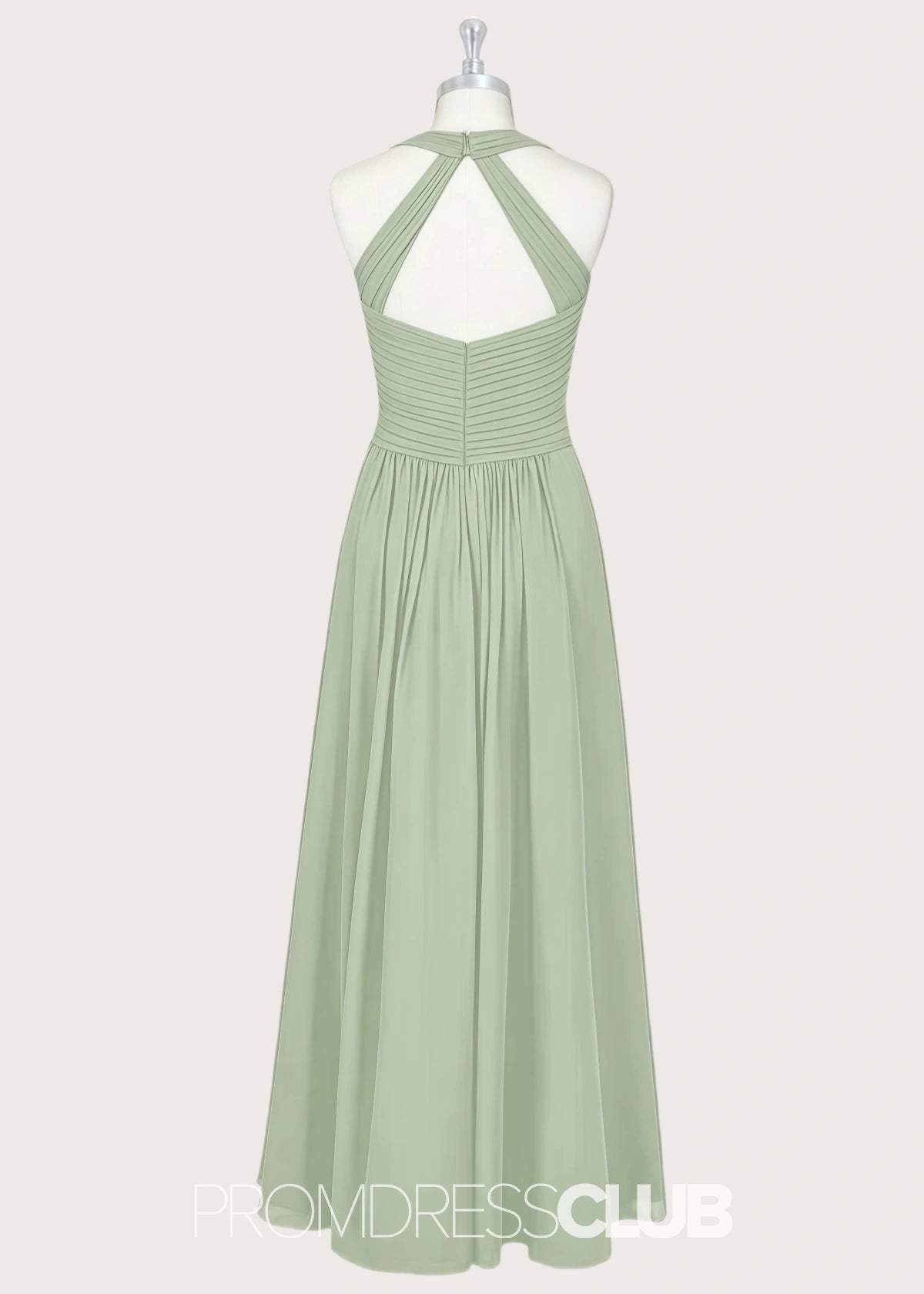 Pamela | A - Line Halter Sage Green Chiffon Long Bridesmaid Dresses - Price #price_variant_lowest# - Sage - PromDressClub