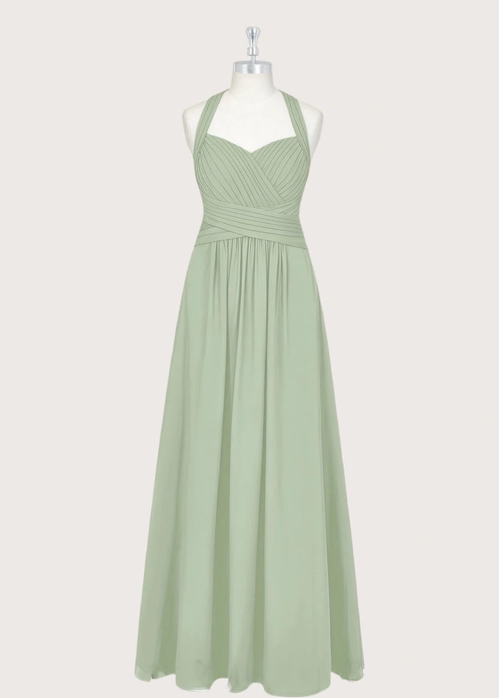 Pamela | A - Line Halter Sage Green Chiffon Long Bridesmaid Dresses - Price #price_variant_lowest# - Sage - PromDressClub